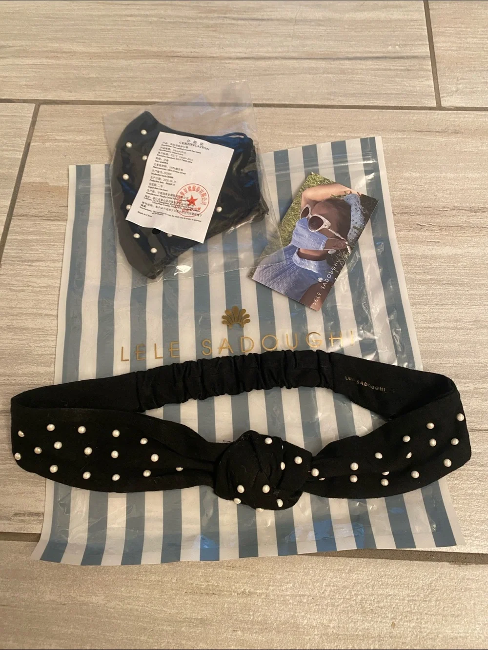 NWT Lele Sadoughi black pearl sport headband with matching mask set